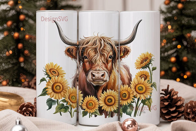 Highland Cow & Sunflowers Tumbler Wrap Sublimation DesignSVG 