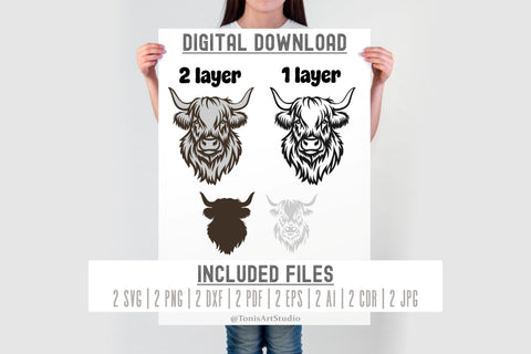 Highland Cow SVG, Laser Cut File, Farmhouse Wall Art, Cricut Silhouette, Cow Head Clipart, Rustic Decor, DXF Vector Cut File SVG TonisArtStudio 