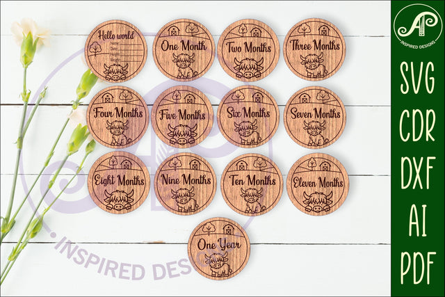 Highland cow themed Baby monthly milestone discs SVG laser SVG APInspireddesigns 