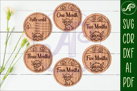 Highland cow themed Baby monthly milestone discs SVG laser SVG APInspireddesigns 