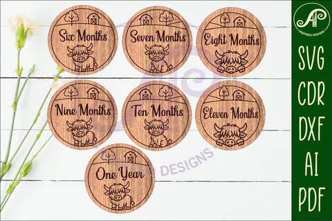Highland cow themed Baby monthly milestone discs SVG laser SVG APInspireddesigns 
