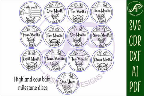 Highland cow themed Baby monthly milestone discs SVG laser SVG APInspireddesigns 