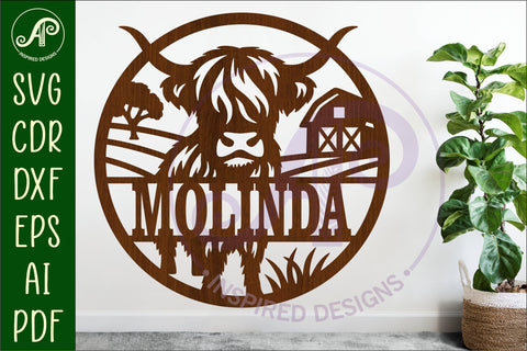Highland cow themed name sign design for laser cutting SVG APInspireddesigns 
