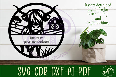 Highland cow themed name sign design for laser cutting SVG APInspireddesigns 