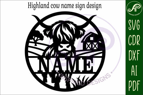 Highland cow themed name sign design for laser cutting SVG APInspireddesigns 
