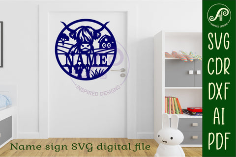 Highland cow themed name sign design for laser cutting SVG APInspireddesigns 