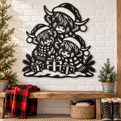 Highland Cow Trio Christmas Laser SVG | Santa Highland Cows DXF | Christmas Cow Family | CNC Plasma Cut File | Metal Wall Art SVG HappyDesignStudio 