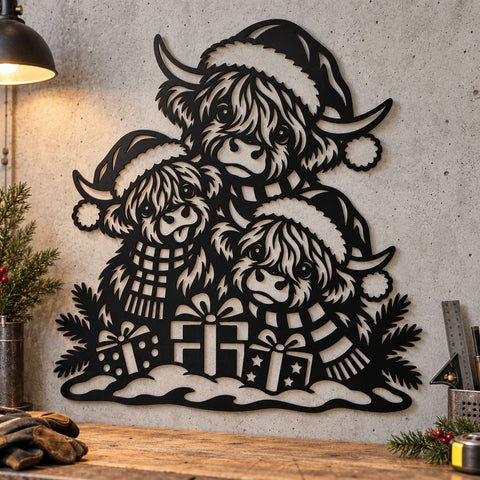Highland Cow Trio Christmas Laser SVG | Santa Highland Cows DXF | Christmas Cow Family | CNC Plasma Cut File | Metal Wall Art SVG HappyDesignStudio 