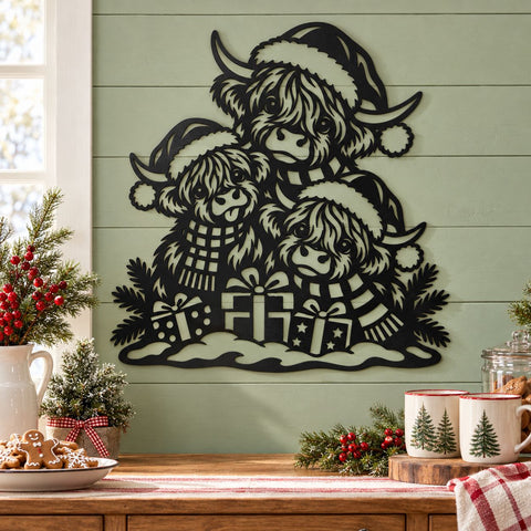 Highland Cow Trio Christmas Laser SVG | Santa Highland Cows DXF | Christmas Cow Family | CNC Plasma Cut File | Metal Wall Art SVG HappyDesignStudio 