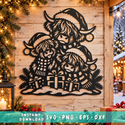 Highland Cow Trio Christmas Laser SVG | Santa Highland Cows DXF | Christmas Cow Family | CNC Plasma Cut File | Metal Wall Art SVG HappyDesignStudio 