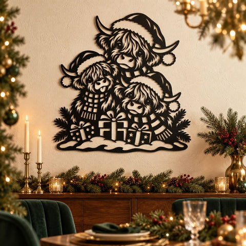 Highland Cow Trio Christmas Laser SVG | Santa Highland Cows DXF | Christmas Cow Family | CNC Plasma Cut File | Metal Wall Art SVG HappyDesignStudio 
