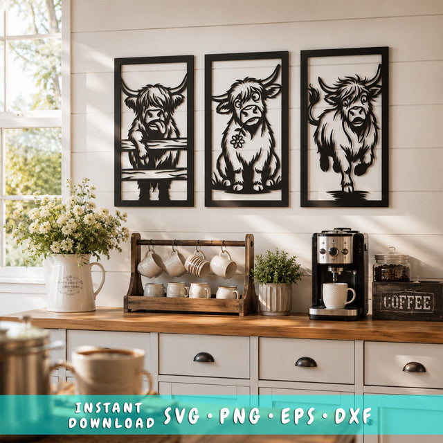 Highland Cow Trio Laser SVG Panels | Funny Cow Wall Art DXF | Farmhouse Metal Art Cut File | CNC Plasma Cutting Svg | Laser Cut Files SVG HappyDesignStudio 
