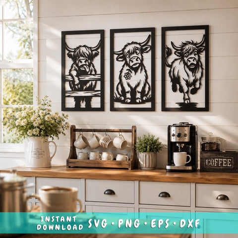Highland Cow Trio Laser SVG Panels | Funny Cow Wall Art DXF | Farmhouse Metal Art Cut File | CNC Plasma Cutting Svg | Laser Cut Files SVG HappyDesignStudio 