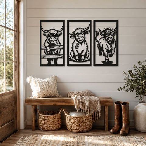 Highland Cow Trio Laser SVG Panels | Funny Cow Wall Art DXF | Farmhouse Metal Art Cut File | CNC Plasma Cutting Svg | Laser Cut Files SVG HappyDesignStudio 