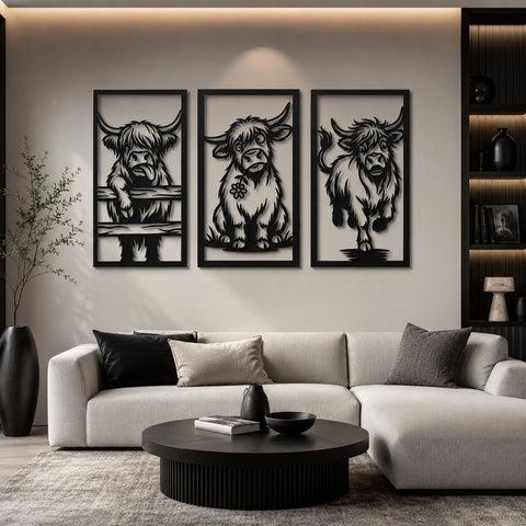 Highland Cow Trio Laser SVG Panels | Funny Cow Wall Art DXF | Farmhouse Metal Art Cut File | CNC Plasma Cutting Svg | Laser Cut Files SVG HappyDesignStudio 
