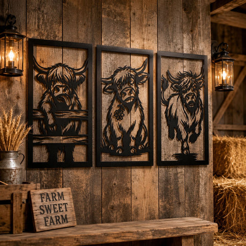 Highland Cow Trio Laser SVG Panels | Funny Cow Wall Art DXF | Farmhouse Metal Art Cut File | CNC Plasma Cutting Svg | Laser Cut Files SVG HappyDesignStudio 
