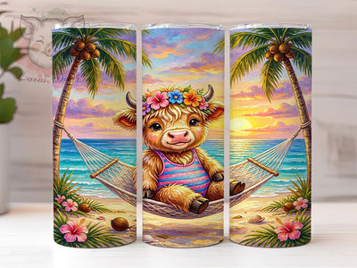 Highland Cow Tropical Floral 20oz Tumbler, Tropical Summer, Cow Design, Beach Theme, Floral Pattern, 20oz Tumbler Wrap, Sublimation PNG Sublimation Lara' s Designs 