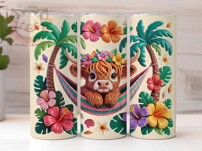 Highland Cow Tropical Summer 20oz Tumbler, Summer Design, Tropical Theme, Puffy Sticker, Cute Baby Cow, 20oz Tumbler Wrap, Sublimation PNG Sublimation Lara' s Designs 