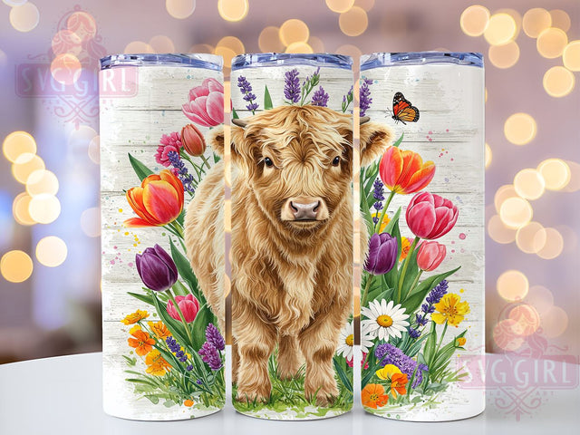 Highland Cow Tulip 20oz Tumbler, Spring Tulip Design, 20oz Sublimation Tumbler, Floral Animal Drinkware, Cute Cow Gift, Rustic Spring Decor, Tulip Flower Tumbler Sublimation SvggirlplusArt 