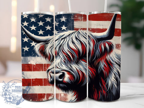 Highland Cow Tumbler, American Flag Tumbler, 20oz Tumbler Wrap, Sublimation Design, Patriotic Decor, Cow Lover Gift, Independence Day, 4th of July Tumbler Sublimation ToriDesigns 