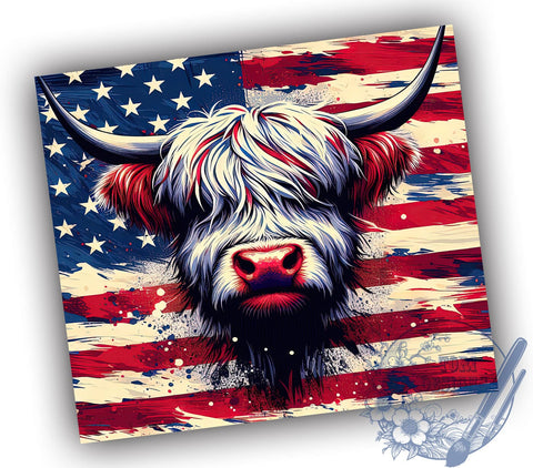 Highland Cow Tumbler, American Flag Tumbler, 20oz Tumbler Wrap, Sublimation Design, Patriotic Decor, Cow Lover Gift, Independence Day, 4th of July Tumbler Sublimation ToriDesigns 