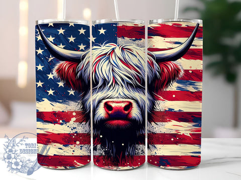 Highland Cow Tumbler, American Flag Tumbler, 20oz Tumbler Wrap, Sublimation Design, Patriotic Decor, Cow Lover Gift, Independence Day, 4th of July Tumbler Sublimation ToriDesigns 