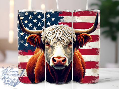 Highland Cow Tumbler, American Flag Tumbler, 20oz Tumbler Wrap, Sublimation Design, Patriotic Decor, Cow Lover Gift, Independence Day, 4th of July Tumbler Sublimation ToriDesigns 