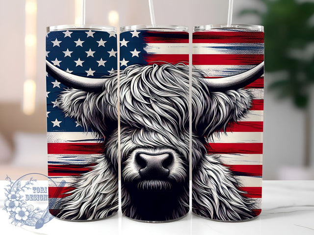 Highland Cow Tumbler, American Flag Tumbler, 20oz Tumbler Wrap, Sublimation Design, Patriotic Decor, Cow Lover Gift, Independence Day, 4th of July Tumbler Sublimation ToriDesigns 