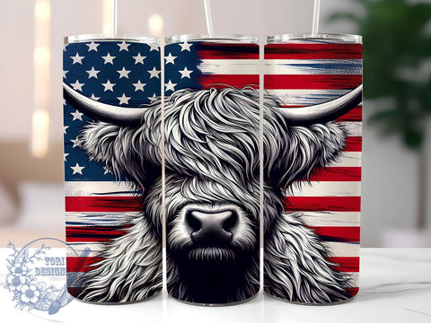 Highland Cow Tumbler, American Flag Tumbler, 20oz Tumbler Wrap, Sublimation Design, Patriotic Decor, Cow Lover Gift, Independence Day, 4th of July Tumbler Sublimation ToriDesigns 