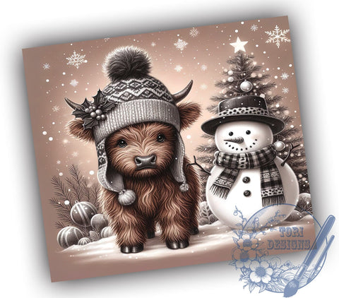 Highland Cow Tumbler, Christmas Snowman Design, 20oz Tumbler Wrap, Holiday Drinkware, Cute Cow Gift, Winter Decor, Festive Cow Christmas Sublimation ToriDesigns 