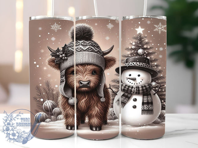Highland Cow Tumbler, Christmas Snowman Design, 20oz Tumbler Wrap, Holiday Drinkware, Cute Cow Gift, Winter Decor, Festive Cow Christmas Sublimation ToriDesigns 