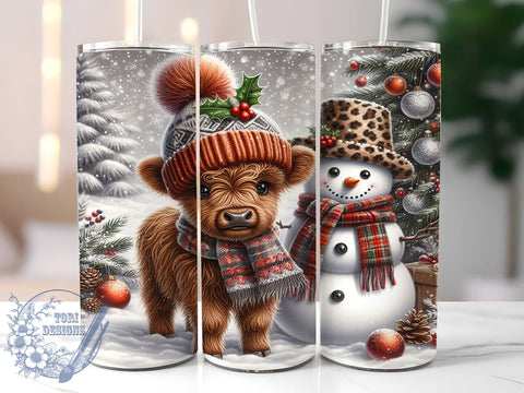 Highland Cow Tumbler, Christmas Snowman Design, 20oz Tumbler Wrap, Holiday Drinkware, Cute Cow Gift, Winter Decor, Festive Cow Christmas Sublimation ToriDesigns 