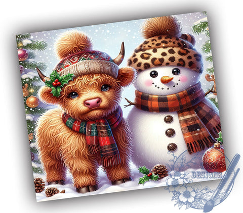 Highland Cow Tumbler, Christmas Snowman Design, 20oz Tumbler Wrap, Holiday Drinkware, Cute Cow Gift, Winter Decor, Festive Cow Christmas Sublimation ToriDesigns 