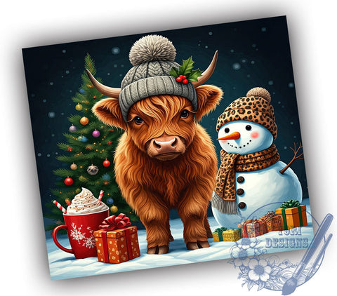 Highland Cow Tumbler, Christmas Snowman Design, 20oz Tumbler Wrap, Holiday Drinkware, Cute Cow Gift, Winter Decor, Festive Cow Christmas Sublimation ToriDesigns 