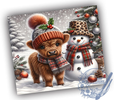 Highland Cow Tumbler, Christmas Snowman Design, 20oz Tumbler Wrap, Holiday Drinkware, Cute Cow Gift, Winter Decor, Festive Cow Christmas Sublimation ToriDesigns 