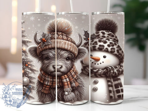 Highland Cow Tumbler, Christmas Snowman Design, 20oz Tumbler Wrap, Holiday Drinkware, Cute Cow Gift, Winter Decor, Festive Cow Christmas Sublimation ToriDesigns 