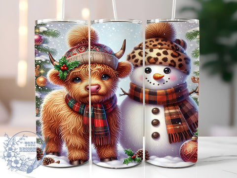 Highland Cow Tumbler, Christmas Snowman Design, 20oz Tumbler Wrap, Holiday Drinkware, Cute Cow Gift, Winter Decor, Festive Cow Christmas Sublimation ToriDesigns 