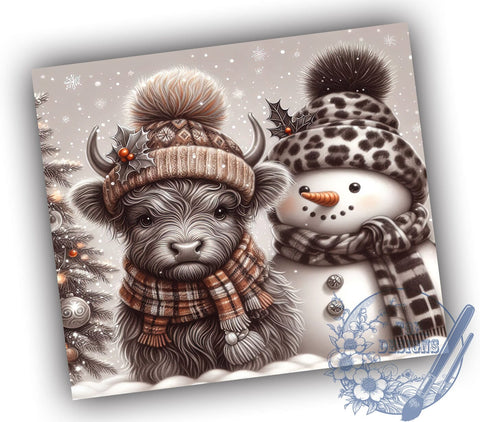 Highland Cow Tumbler, Christmas Snowman Design, 20oz Tumbler Wrap, Holiday Drinkware, Cute Cow Gift, Winter Decor, Festive Cow Christmas Sublimation ToriDesigns 