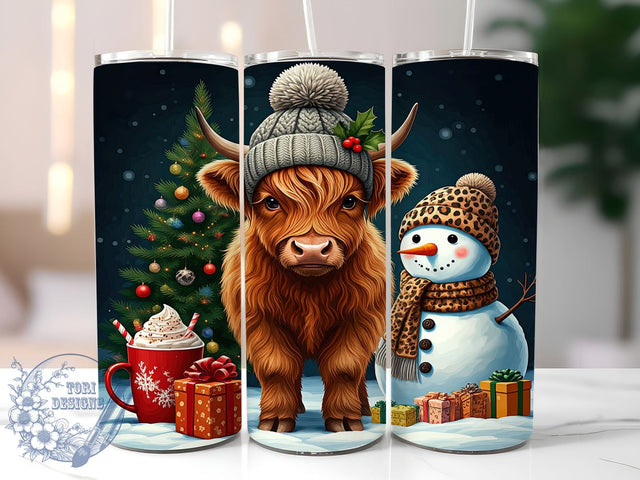 Highland Cow Tumbler, Christmas Snowman Design, 20oz Tumbler Wrap, Holiday Drinkware, Cute Cow Gift, Winter Decor, Festive Cow Christmas Sublimation ToriDesigns 