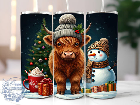 Highland Cow Tumbler, Christmas Snowman Design, 20oz Tumbler Wrap, Holiday Drinkware, Cute Cow Gift, Winter Decor, Festive Cow Christmas Sublimation ToriDesigns 
