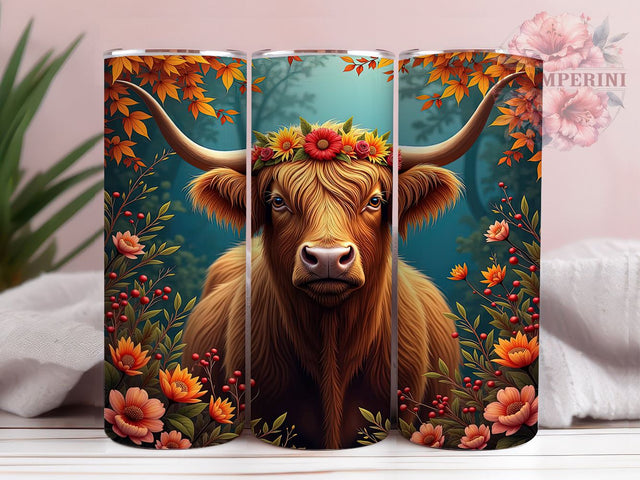 Highland Cow Tumbler, Fall Floral Design, Autumn Tumbler, 20oz Tumbler, Cow Decor, Rustic Fall Gift, Floral Drinkware Sublimation Li Zamperini 