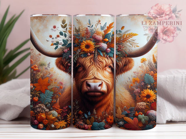 Highland Cow Tumbler, Fall Floral Design, Autumn Tumbler, 20oz Tumbler, Cow Decor, Rustic Fall Gift, Floral Drinkware Sublimation Li Zamperini 