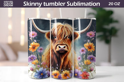 Highland Cow Tumbler | Farm Animals Flowers Tumbler Wrap Sublimation WatercolorColorDream 