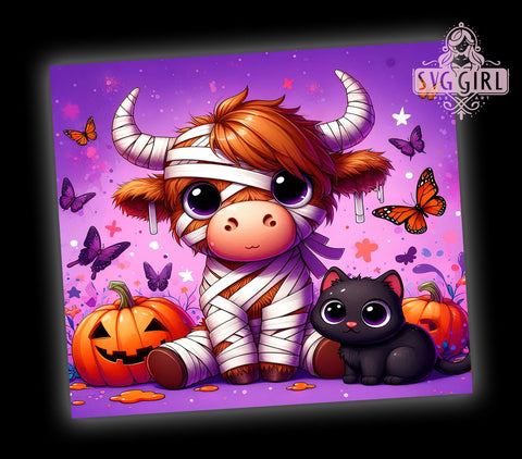 Highland Cow Tumbler, Trick or Treat Halloween, 20 oz Tumbler Wrap, Cute Cow Design, PNG File for Tumbler, Spooky Cow Decor, Halloween Cow Mug, Fun Halloween Design Sublimation SvggirlplusArt 