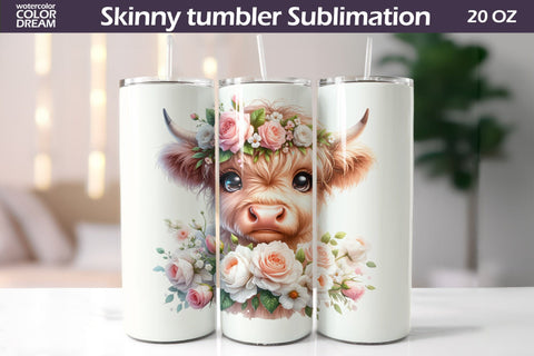 Highland Cow Tumbler Wrap | Cow Flowers Tumbler Sublimation WatercolorColorDream 