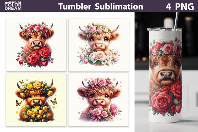 Highland Cow Tumbler Wrap | Cow Flowers Tumbler Sublimation WatercolorColorDream 