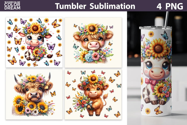 Highland Cow Tumbler Wrap | Cow Sunflowers Tumbler Sublimation WatercolorColorDream 