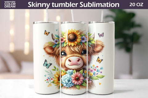 Highland Cow Tumbler Wrap | Cow Sunflowers Tumbler Sublimation WatercolorColorDream 
