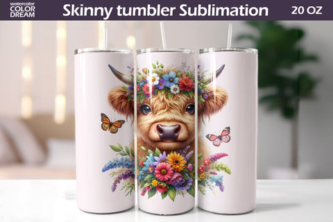 Highland Cow Tumbler Wrap | Cow Wildflowers Tumbler Sublimation WatercolorColorDream 