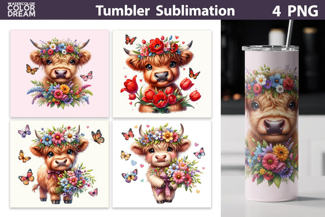 Highland Cow Tumbler Wrap | Cow Wildflowers Tumbler Sublimation WatercolorColorDream 